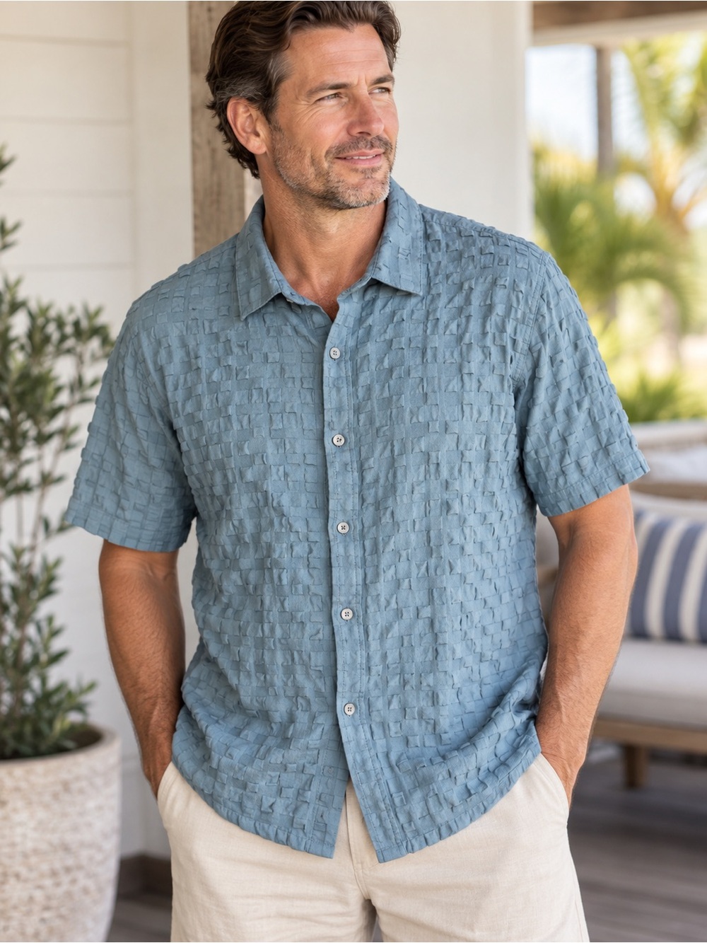 Ike Behar Light Blue Textured Short-Sleeve Button-Down Shirt